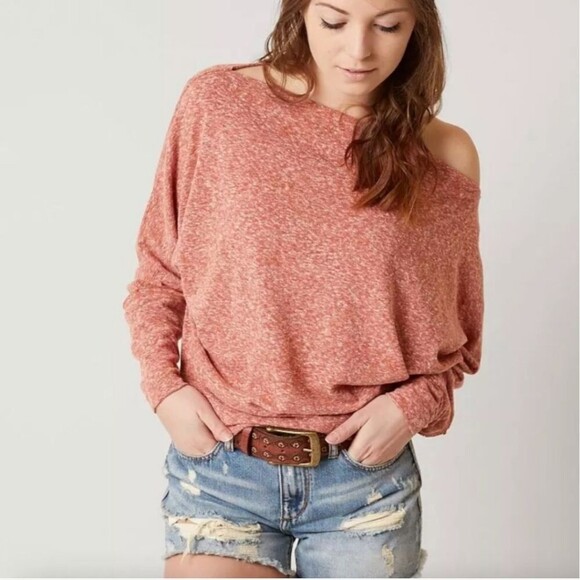 Free People Valencia Off The Shoulder Boat Neck Pullover Knit Top Red Clay Sz S - Picture 3 of 8